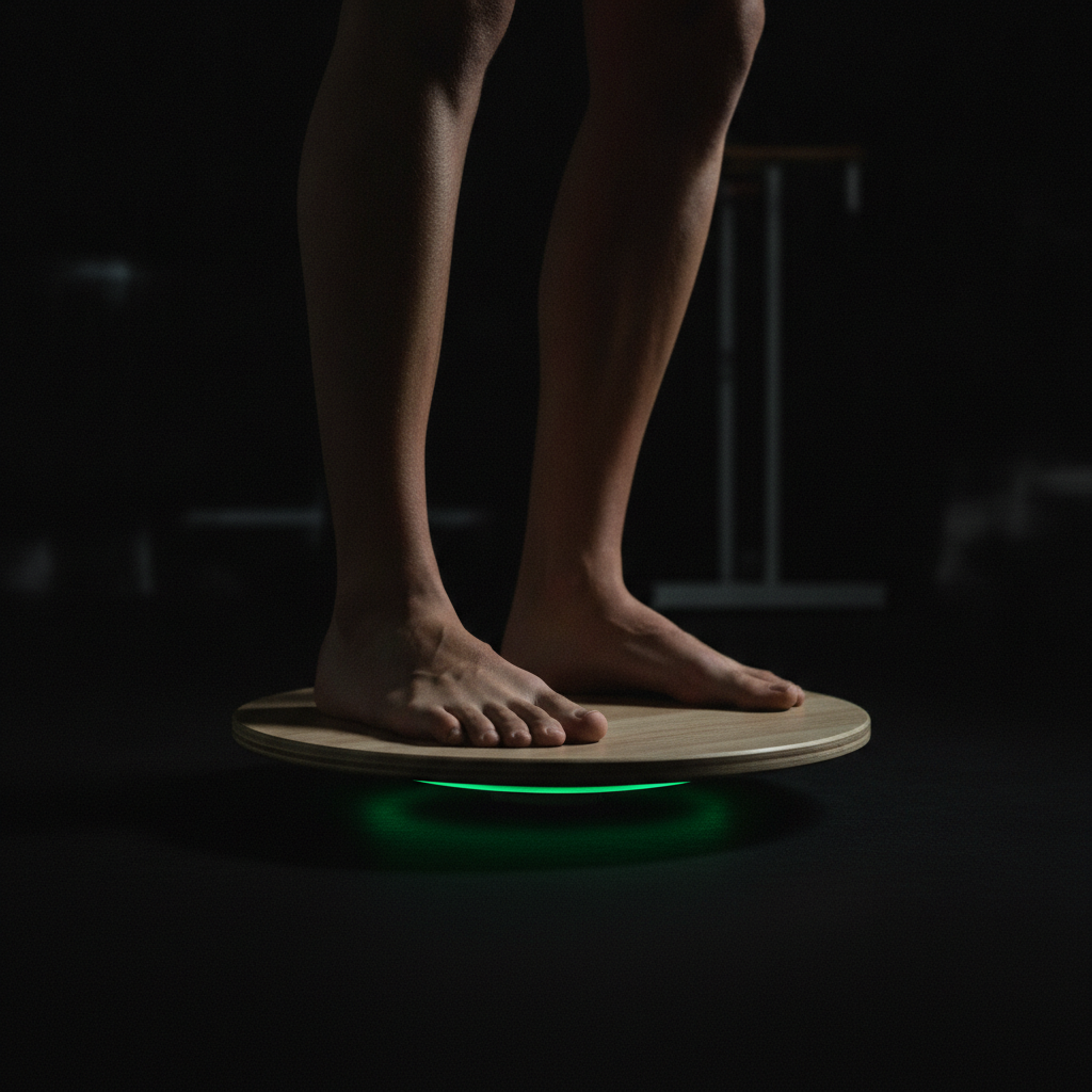 Pies descalzos sobre plato de equilibrio en entrenamiento sensoriomotor para neuropatía por quimioterapia en ADH Clinic Oleiros
