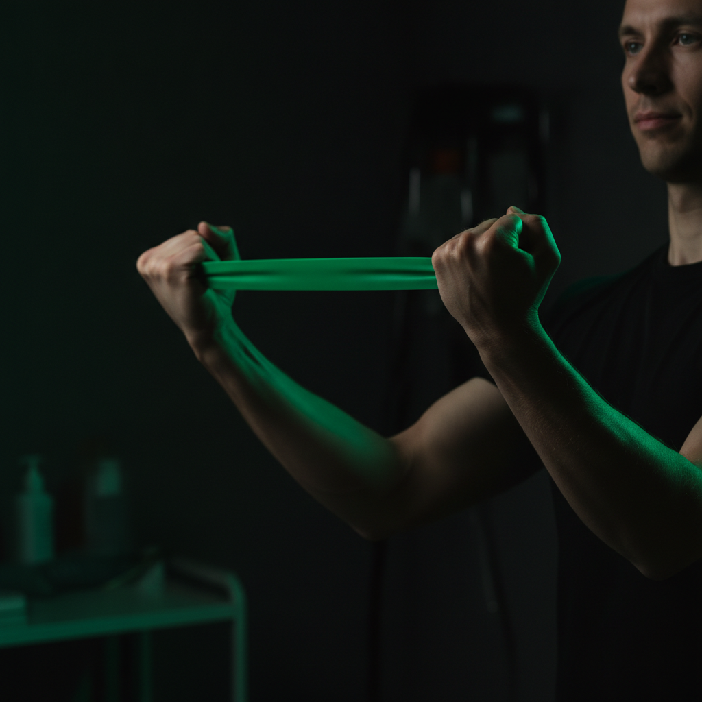 Ejercicio de fuerza con banda elástica para fibromialgia en fisioterapia, A Coruña